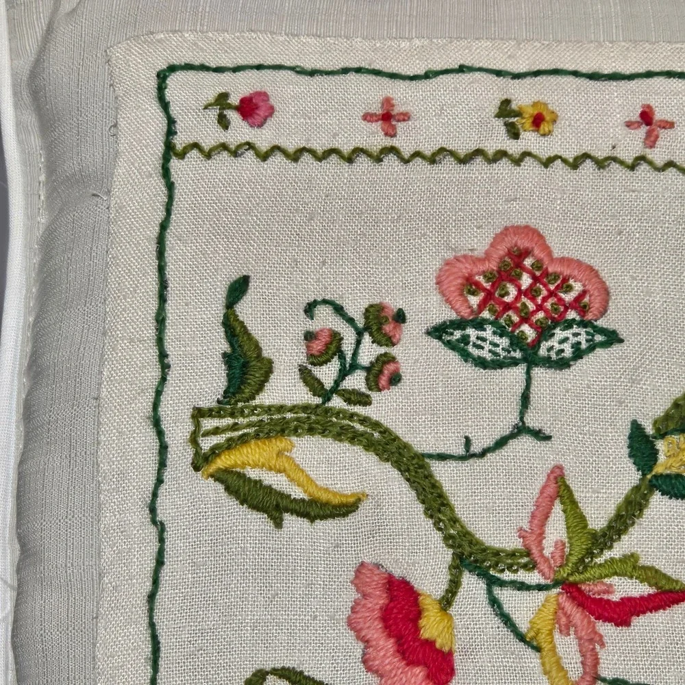 Vintage Style‎ Hand Embroidered Floral Pillow Cottagecore Folk Art Needlework